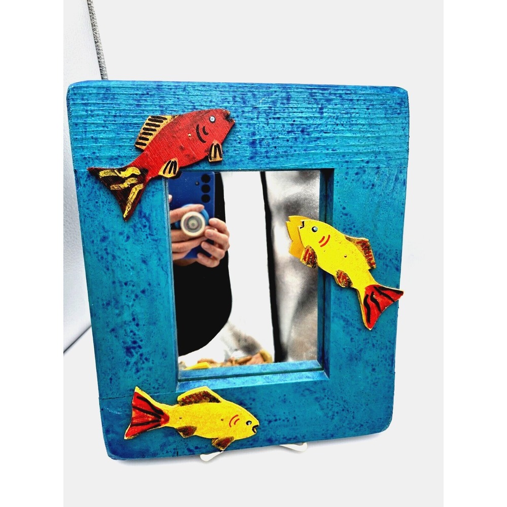 Hand Carved Painted Wood‎ Mirror Folk Art Fish Rustic Colorful Beachy 10"X12"